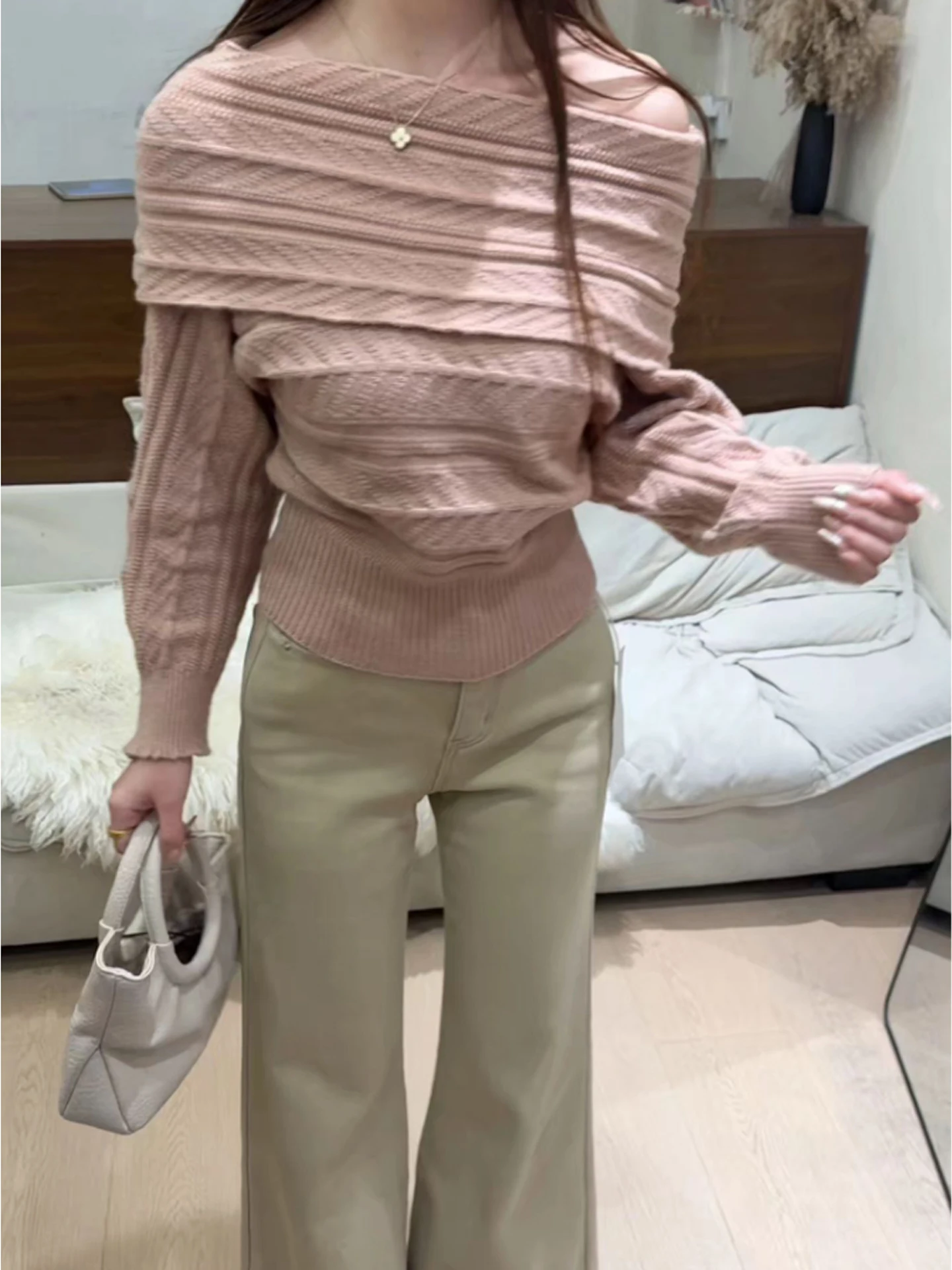 

Pink Knitted Sweater Lazy Sle One-oulder Overhead Twist Women's Faion 2025 New Autumn Winter Long Sve Warm Top