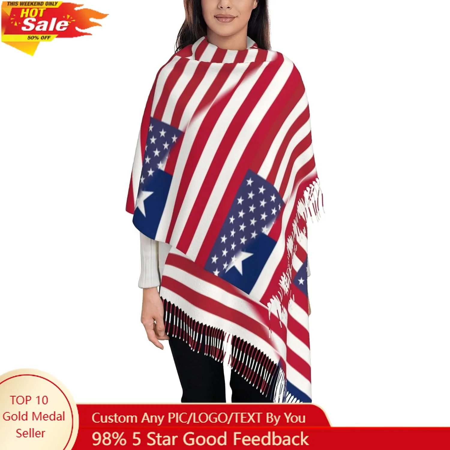 

American flag and Flag of Liberia Women's Long Style Fashion Tassel Scarf Classic Leisure Fringe Shawls Wraps 77.6"x28.3"