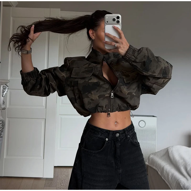 Women Camo Print Hooded Zipper Jacket Elastic Cuff Jacket Cropped Short Length Loose Puffer Winter Warm Winter Street Jackets