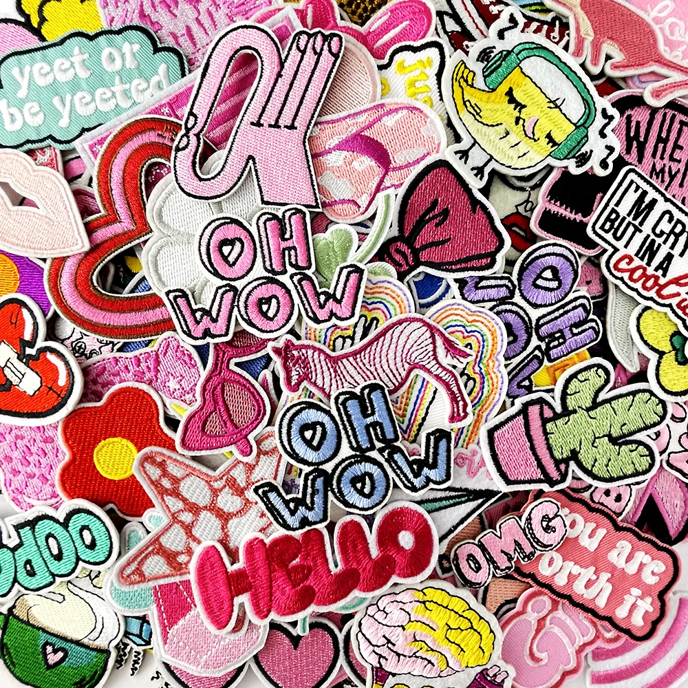 100pcs Random Mix Patch for Clothing Fabric Appliques Iron on Patches for Clothes Decoration Apparel Hello Pink Girl Carrot