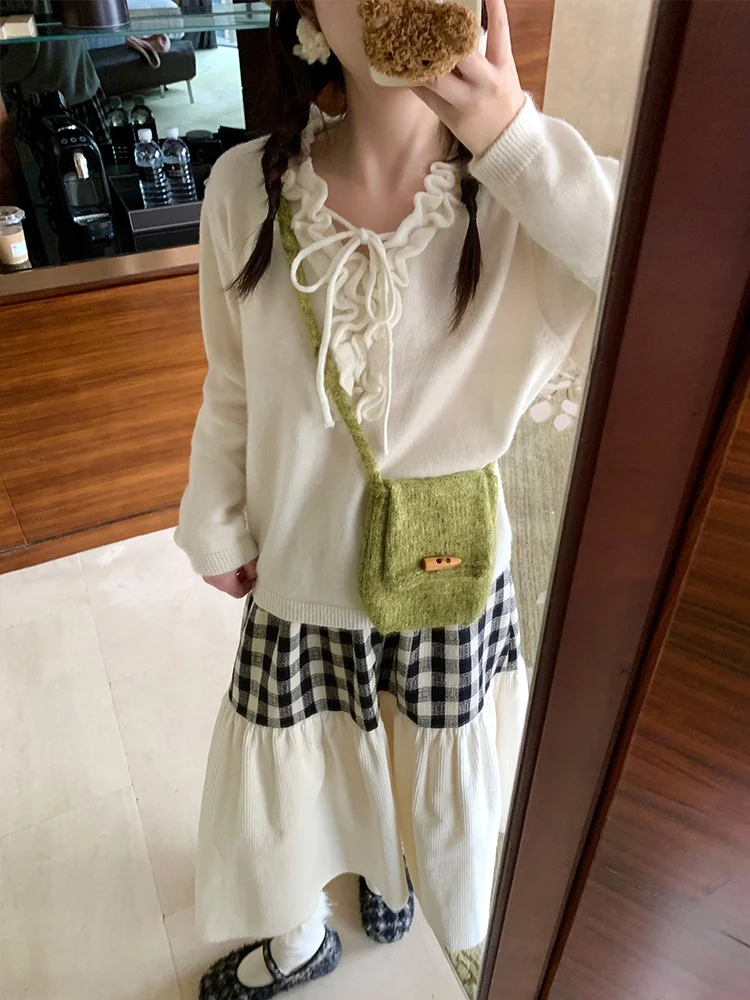 

Fufun, зимний винтажный японский свитер с рюшами и подолом для девочек, свободный крой, длинный трикотаж свека, V-Ne, украшенные завязками