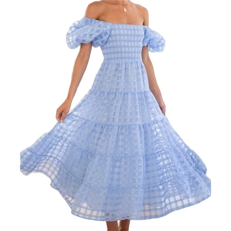 CGS-Vestidos largos maxi de línea A con gradas y cuello cuadrado de manga corta acampanada para mujer