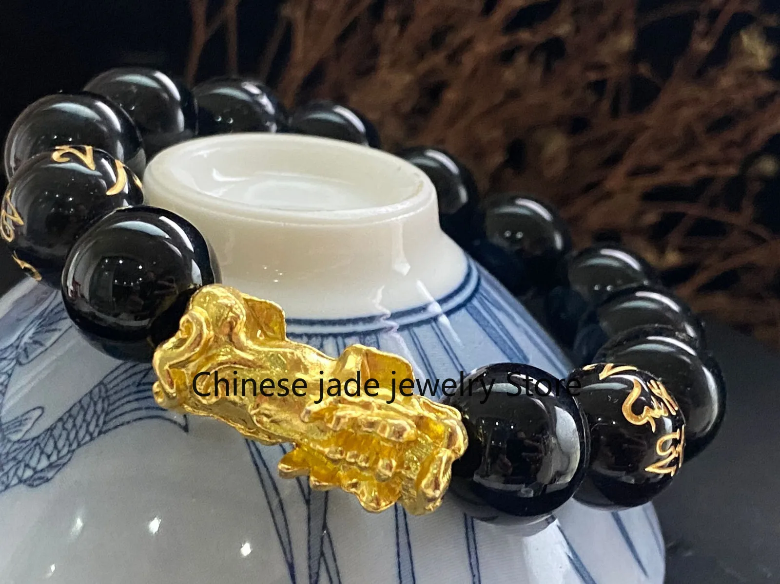 14mm Boutique Natural Black Agate Pixiu Bracelet-3362