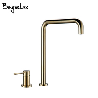 Kitchen Mixer Tap Brush Gold Sdolid Brass Single Handle 360 Degree Swivel Spout Brushed Gold 2 Hole Deck Mounted Sink Faucet