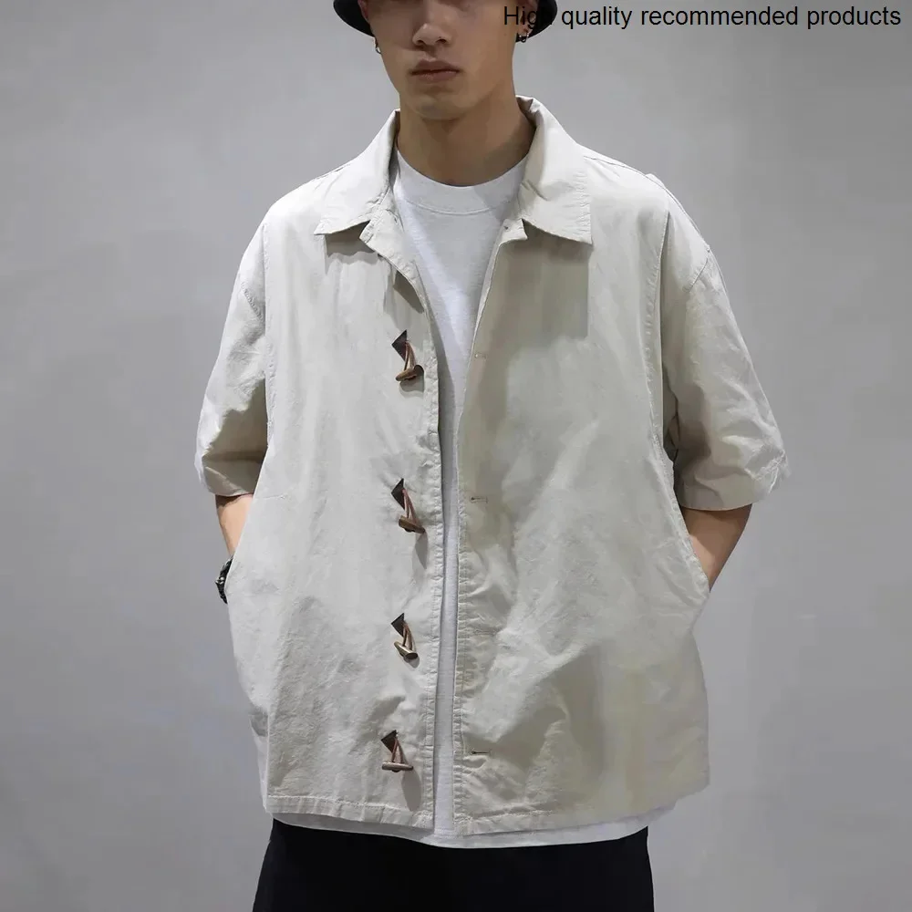 Loose Men Button Summer Horn Casual Vintage Short Sleeve Shirt Man Harajuku Streetwear Chinese Retro Oversized Shirts Blouses