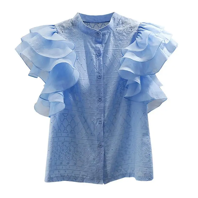 Ruffle Flying Sleeve Stand Collar Woman Shirt Summer 2024 Vintage Elegant Loose Casual Women Blouse Design Blusas Mujer Moda