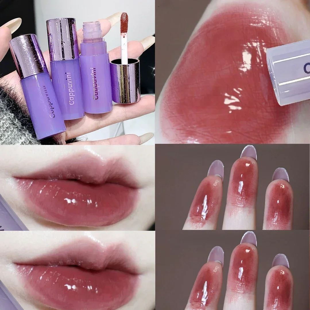 Dark Mulberry Mirror Water Lip Gloss Purple Red Lip Glaze Clear Moisturizing Jelly Lasting No Sticky Lipstick Makeup