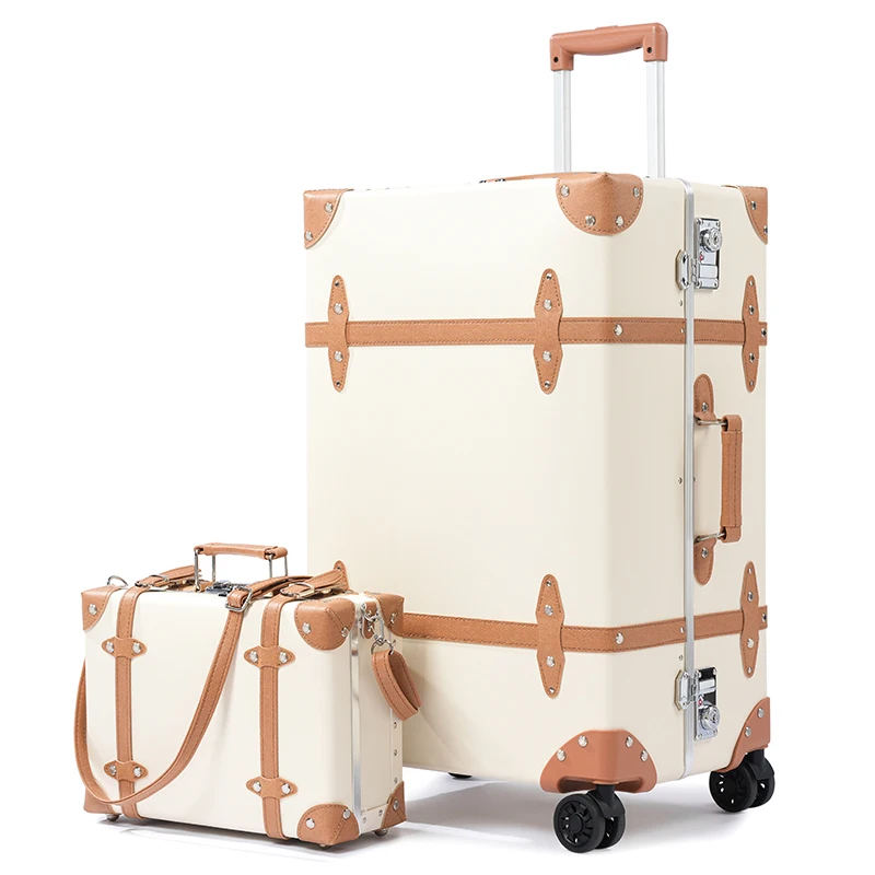 

Retro Luggage Aluminum Frame Suitcase Handmade Leather Case TSA Customs Lock luggage Set 20 Inch Plus Boarding Travel Suitcases