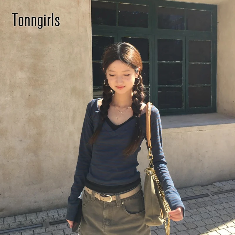 

Tonngirls лоскутная футболка в корейском стиле женская с длинным рукавом Y2k винтажные укороченные топы уличная одежда японские сказочные футболки 2000-х годов