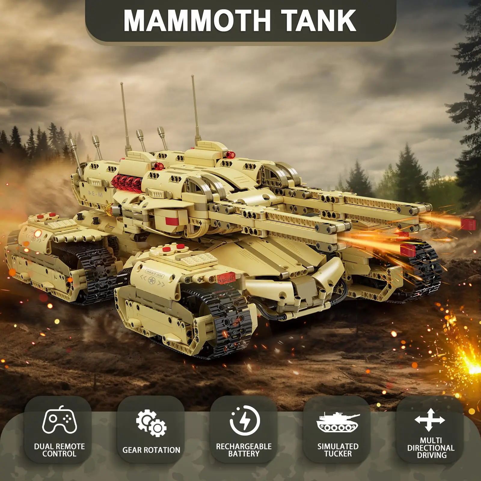 

Mammoth Tank MOC Remote Controlled Battle Tank Building Blocks Set with Dual Control App Techno Toy Kit for Adults And Kids