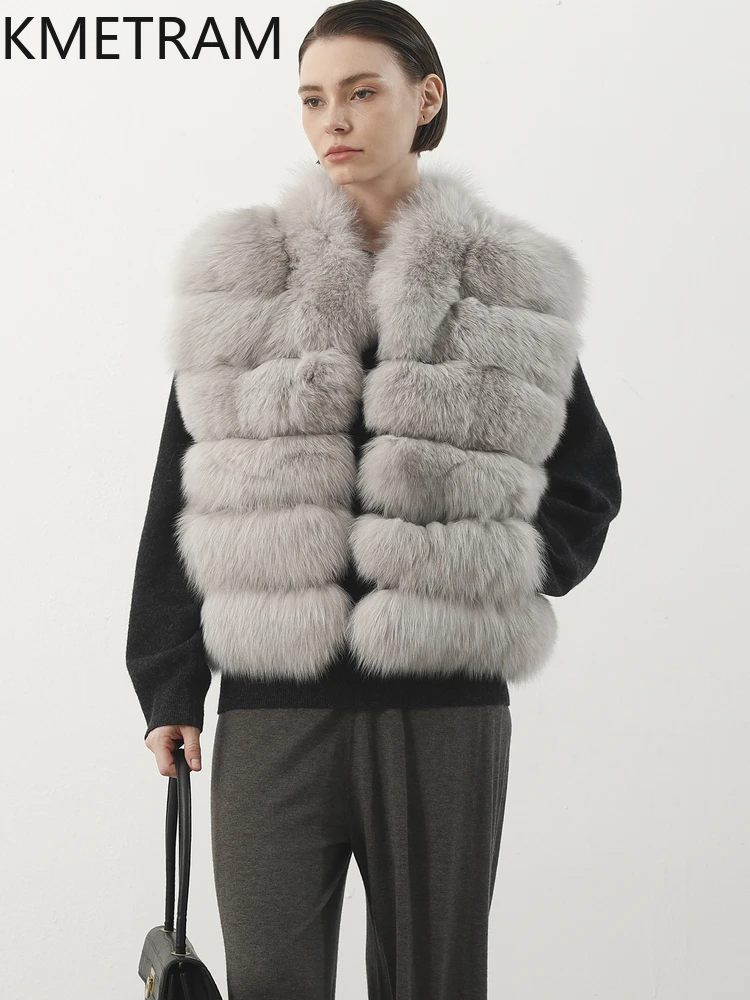 KMETRAM 100% Natural Fox Fur Vest Slimming Soft Mid-Length Women's Fur Jacket 2025 Autumn -Winter Clothing fourrures femmes