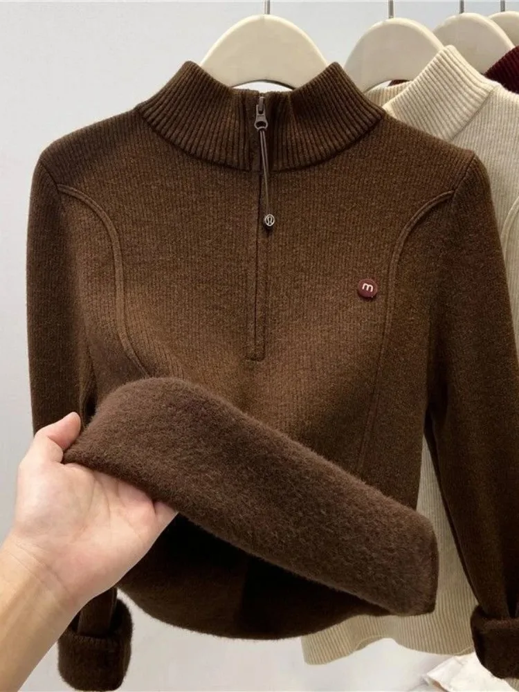 سترة محبوكة مخملية أنيقة من Chic f Zip Thiened للنساء لربيع وخريف وشتاء f بياقة عالية وقاعدة مستوى الكتف...