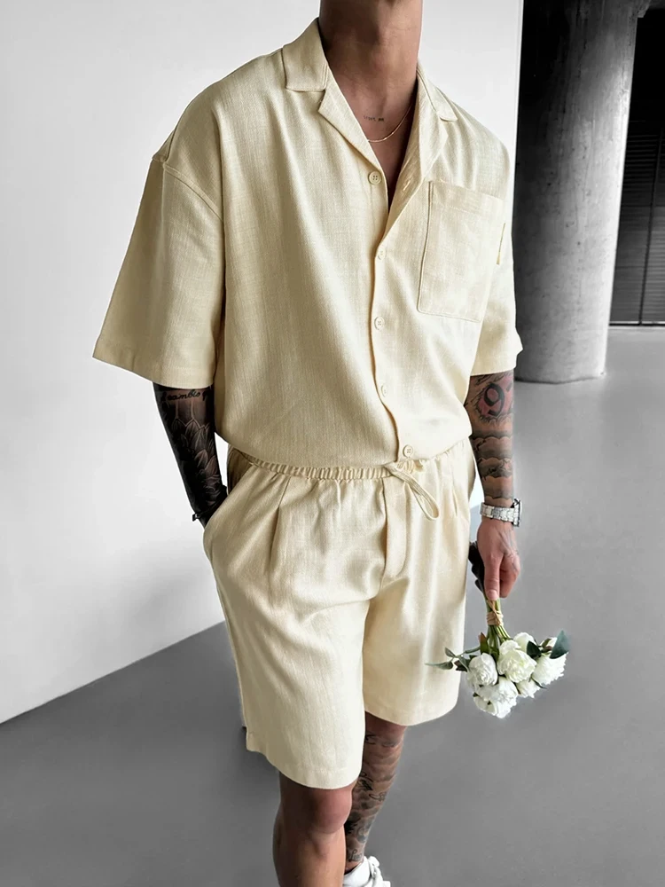 Casual Solid Color Short Sleeve Button-up Shirts Mens Shorts Two Piece Suits Summer Beach Leisure Loose Outfits Men Fashion Sets