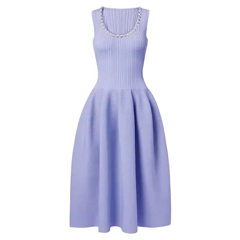 

Summer 2025 New Quality Knitted Sleeveless Vest Diamond Embellished Dress High Waist Bodycon Skirt Style Ladies Fashion Dress