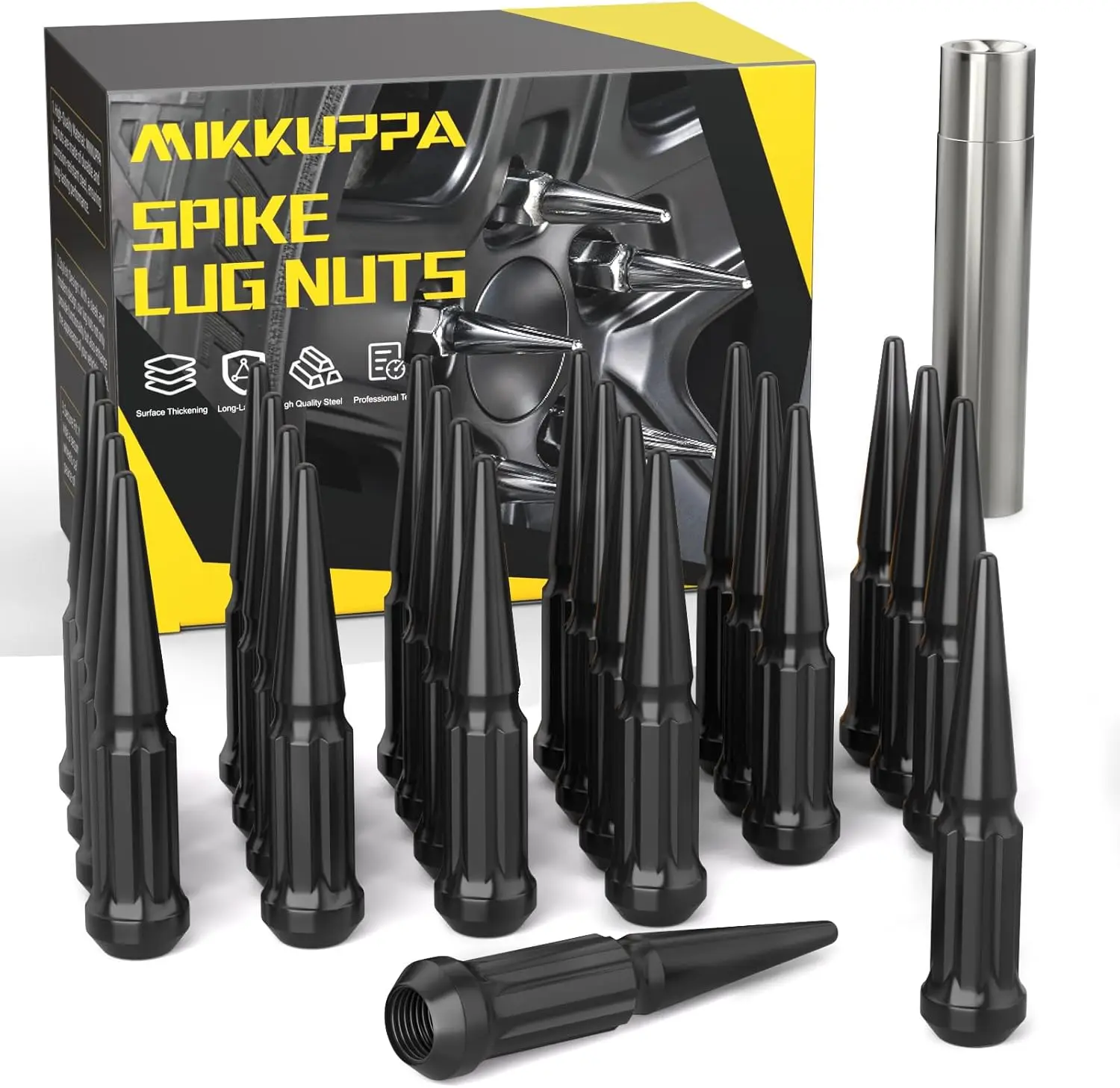 

MIKKUPPA 24PCS M14x1.5 Wheel Spike Lug Nuts, Black Spike Lug Nuts Solid 4.4" Tall Acorn Lug Nut with 1 Socket Key Replacement