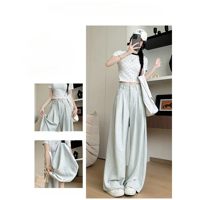 Dünne Damen-Hose mit hoher Taille und geradem Bein, lockere, faule Hose mit weitem Bein, weiße Milch-Ehemann-Hose, Frühlingsneue Damenhose