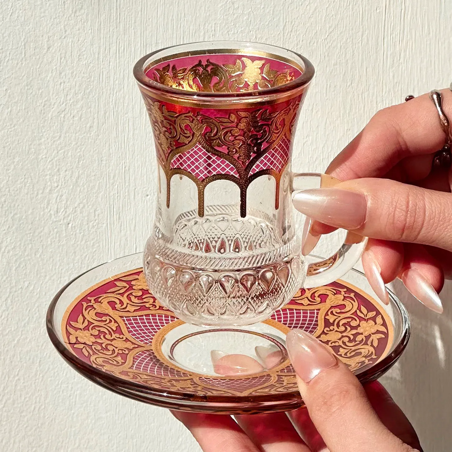 Vintage Turkish Glass Set 2026 New Household 80ml Red Embossed Coffee Cup High End Beautiful Afternoon Tea Exquisite Round Dish view 3