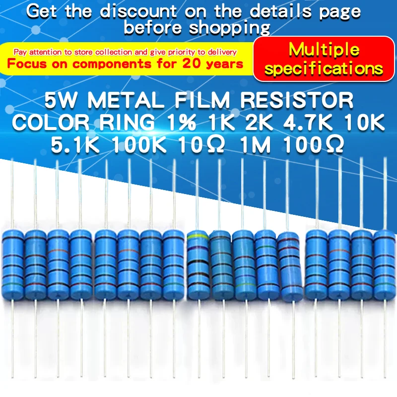 10pcs 5W Metal Film Resistor 1% 1Ω - 1MΩ 2 2.2 10 15 47 100 120 390 470 820 1K 1.2K 3K 8.2K 22K 20K 33K 47K 150K 330K 560K ohm