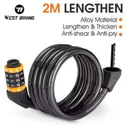 WEST BIKING 2M Lengthen Bike Password Lock Anti Theft MTB Road Bicycle Cable Lock Electric Bike Motorcycle Cycling Accessories