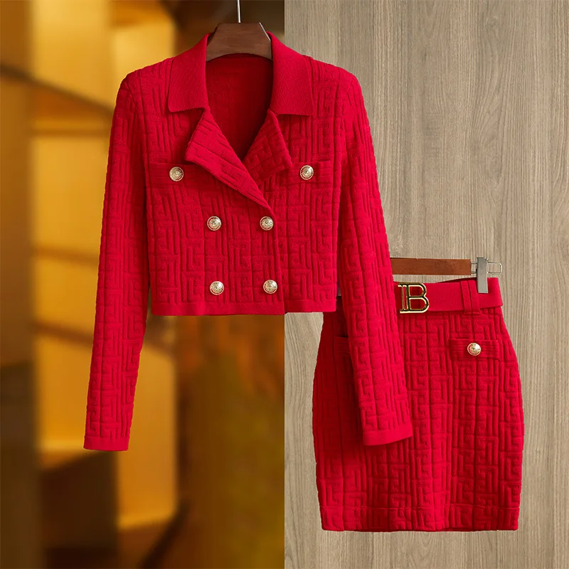 

Double breasted jacquard knitted suit collar top +B line gold button Commuter OL all-match knitted hip wrap skirt set