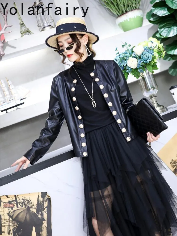 YOLANFAIRY Genuine Leather Jacket Women Cropped Coat Open Front Real Sheepskin Jackets Long Sleeve Leather Outerwear Motorcycle