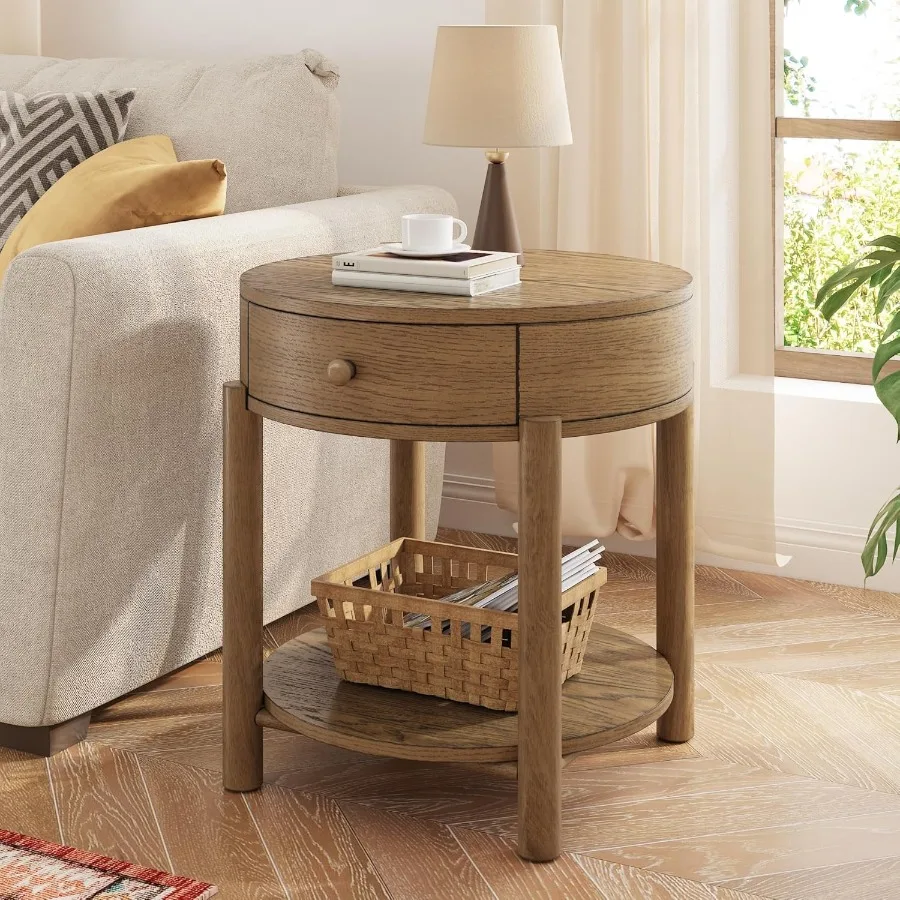 Solid Wood 2Tier Round End Table with Drawer 24 Small Sofa Side Table with Storage Oak Wood Accent Drink Table Modern Nightstan