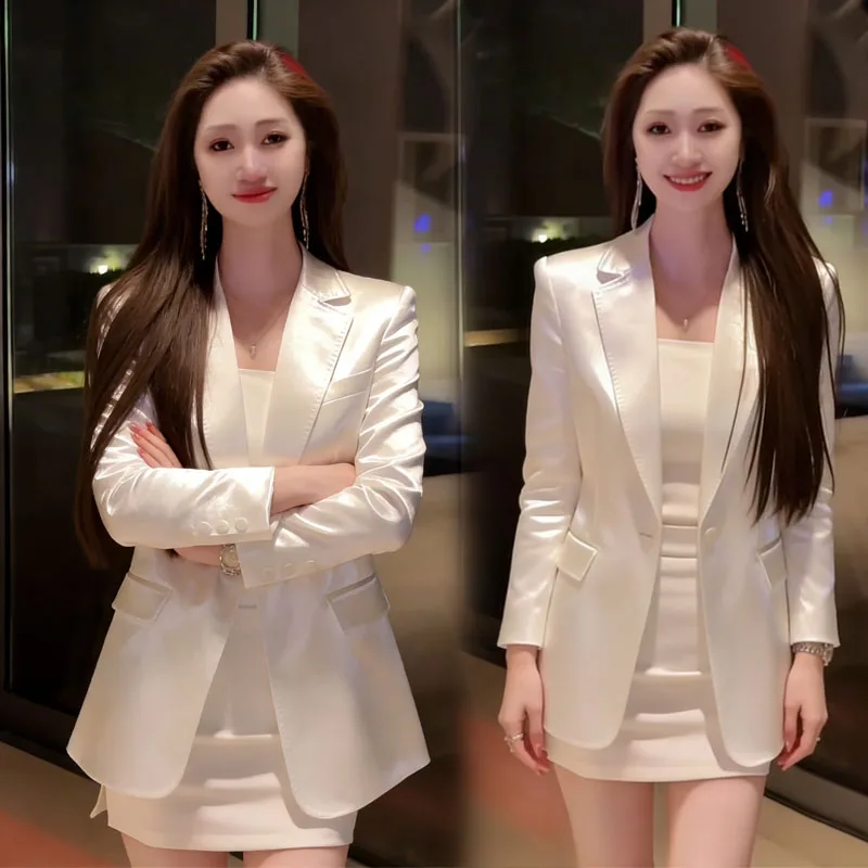 

Комплект из двух предметов Ele Satin Slim Fit: модный женский костюм весна 2026, пиджак и юбка на бретельках с высокой талией, повседневный стиль