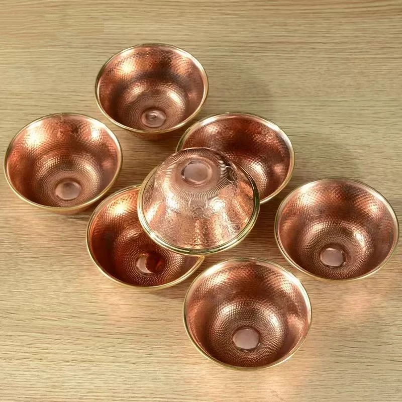Buddhism Altars Bowl,Engraving Sanger Flower Red Copper Bowl,Tibetan Golden Edge Holy Cup Buddhist Religious Item Decorative