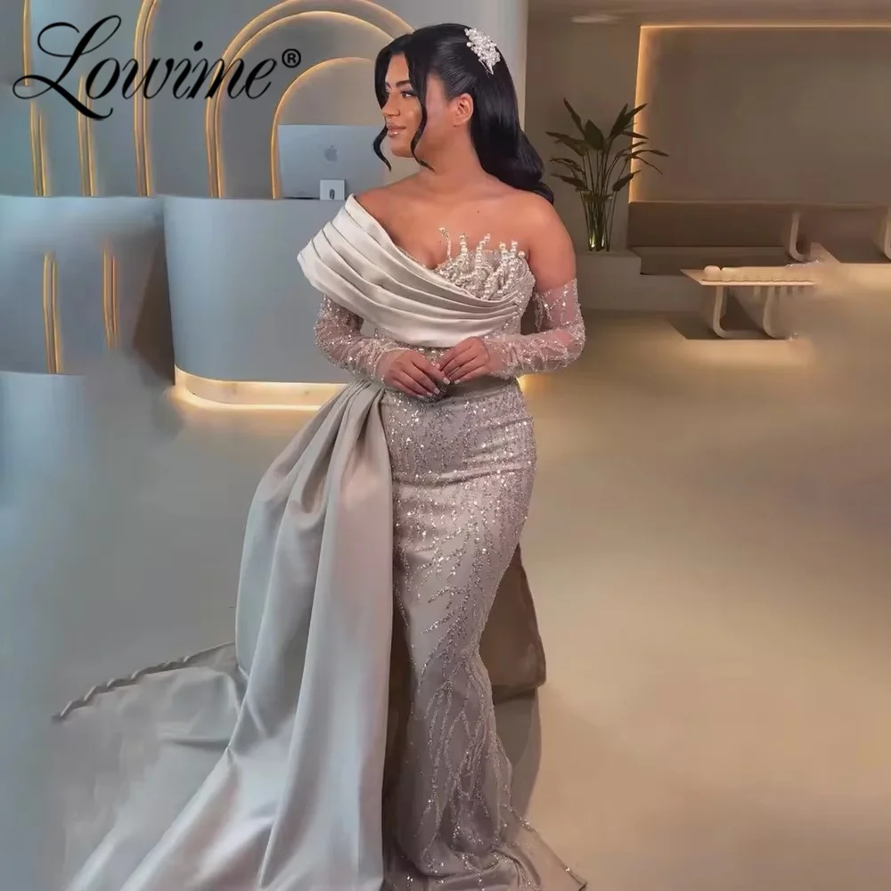 Off The Shoulder Silver Evening Dress With Detachable Train 2024 Customized Robe Mermaid Beaded Arabic Party Dresses For Wedding