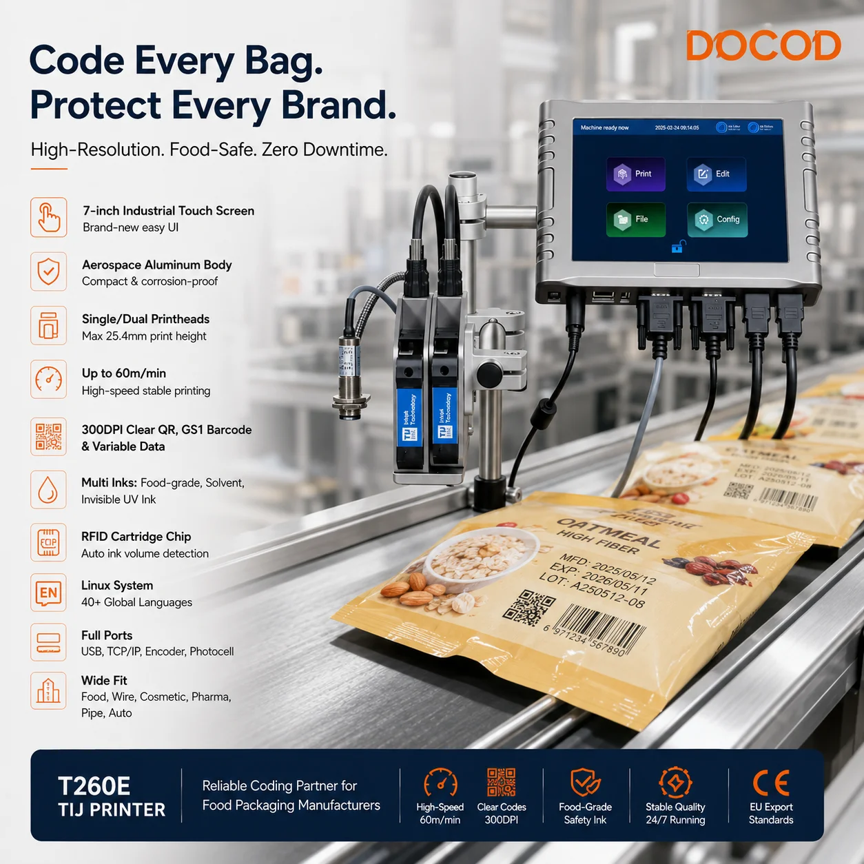 Custom Barcode Expiry Date Printer Docod T260E TIJ Online Thermal Industrial Inkjet Batch Coding Machine for Plastic Bag Bottle