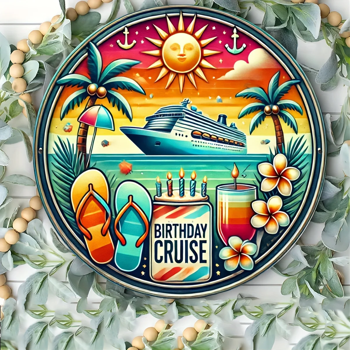 [2D Flat] 7.8X7.8 Inches (20X20 Cm) 2D Printed Metal Sign - 2024 Birthday Cruise Wreath Sign - Home Decor for Front Porch, Livin
