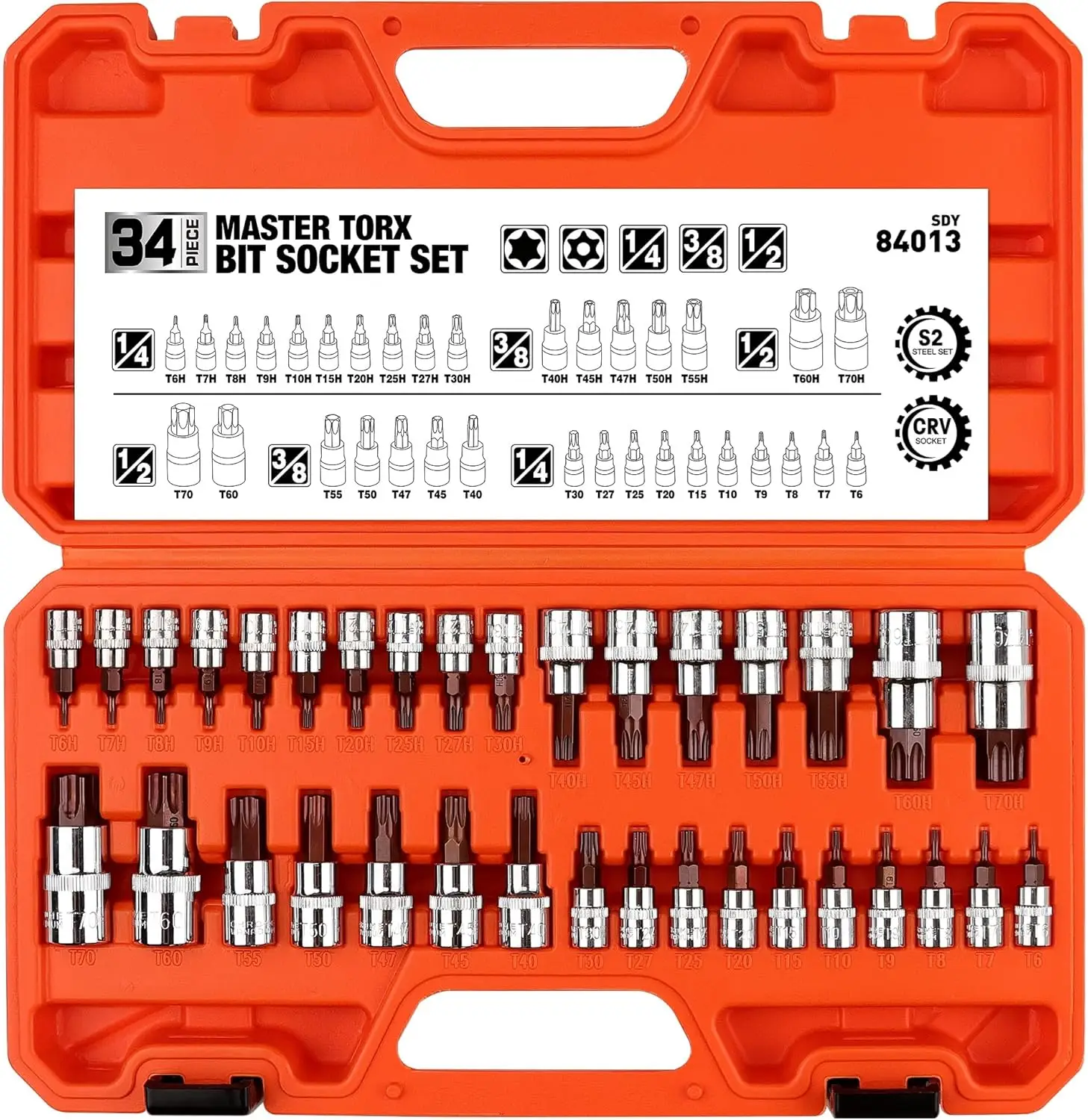 

34-Piece Torx Bit Socket Set, S2 Alloy Steel, T6-T70, Tamper Proof (T10-T70), Heavy-Duty Case