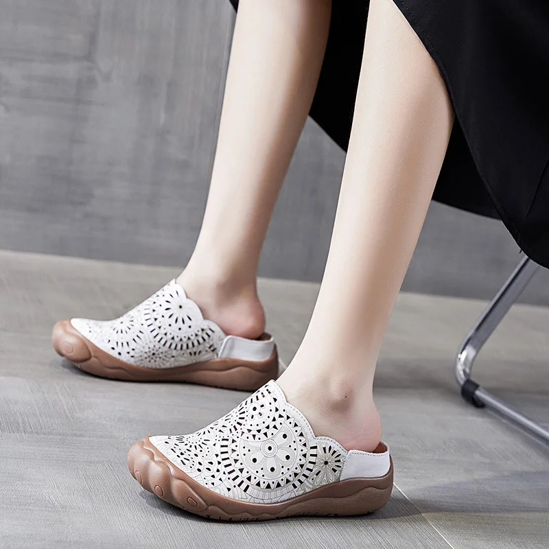 

5cm Authentic Slippers Designer Fretwork Elegance Loafer Genuine Leather Summer Fashion Flats Fashion Women Hollow Ladies Shoes