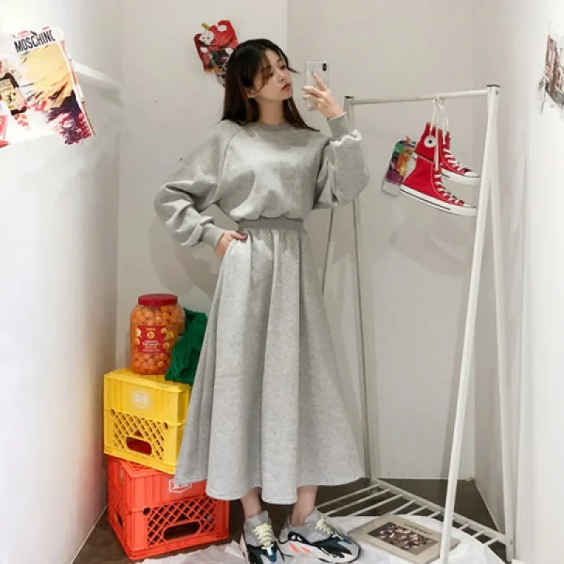 ชุดเดรสยาวสไตล์เกาหลี แขนยาว ไซส์ใหญ่ ช่วยพรางหุ่น  ลดราคาสุดฮอตช่วงฤดูใบไม้ผลิและฤดูใบไม้ร่วง  ชุดเดรสสเวตเชิ้ตแฟชั่นสำหรับผู้หญิง