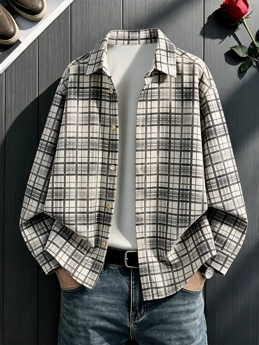 Loose Korean Style Plaid Long Sleeve Shirt Men's Spring Autumn Casual Shirt Handsome Top Layered Wear Versatile Outerwear