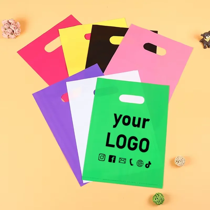Sacs de courses colorés avec Logo personnalisable, 50/25 pièces, avec poignées, sacs cadeaux imprimés en plastique, sacs cadeaux personnalisés pour fête d'enfants