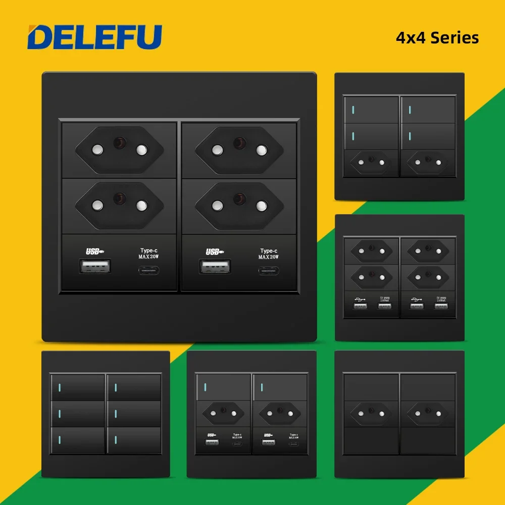 DELEFU 4x4 Fireproof PC Panel Brazil Standard Outlet Double USB Type C Wall Power Socket Light Switch Office Black 10A 20A