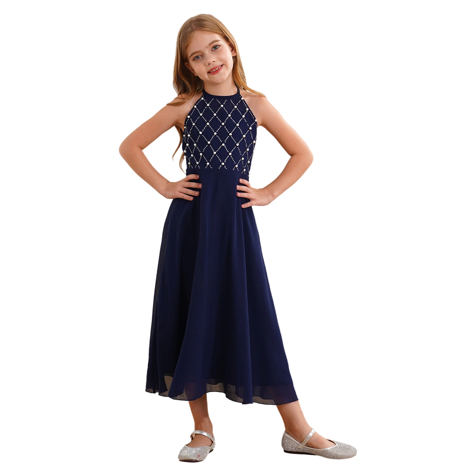 Robe de soirée en fibre de mousseline de soie pour enfants, licou, demoiselle d'honneur, soirée, anniversaire, robe de Rhprincesse élégante, vêtements de demoiselle d'honneur