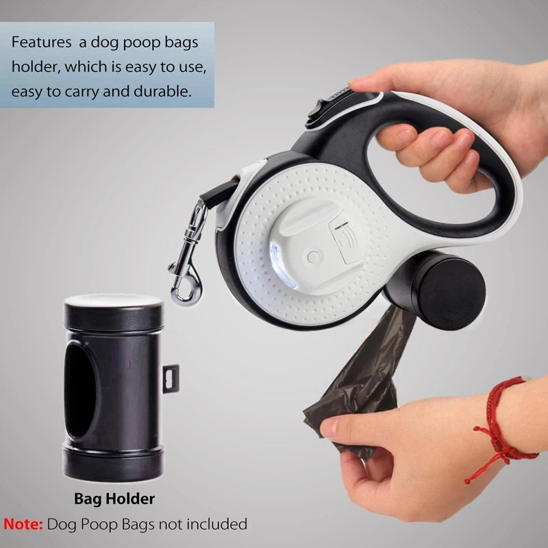 

Custom Logo Adjustable Automatic Retractable Dog Leash with Bright LED Flash Light up Poop Bag Holder Dispenser Pet Leash Lead