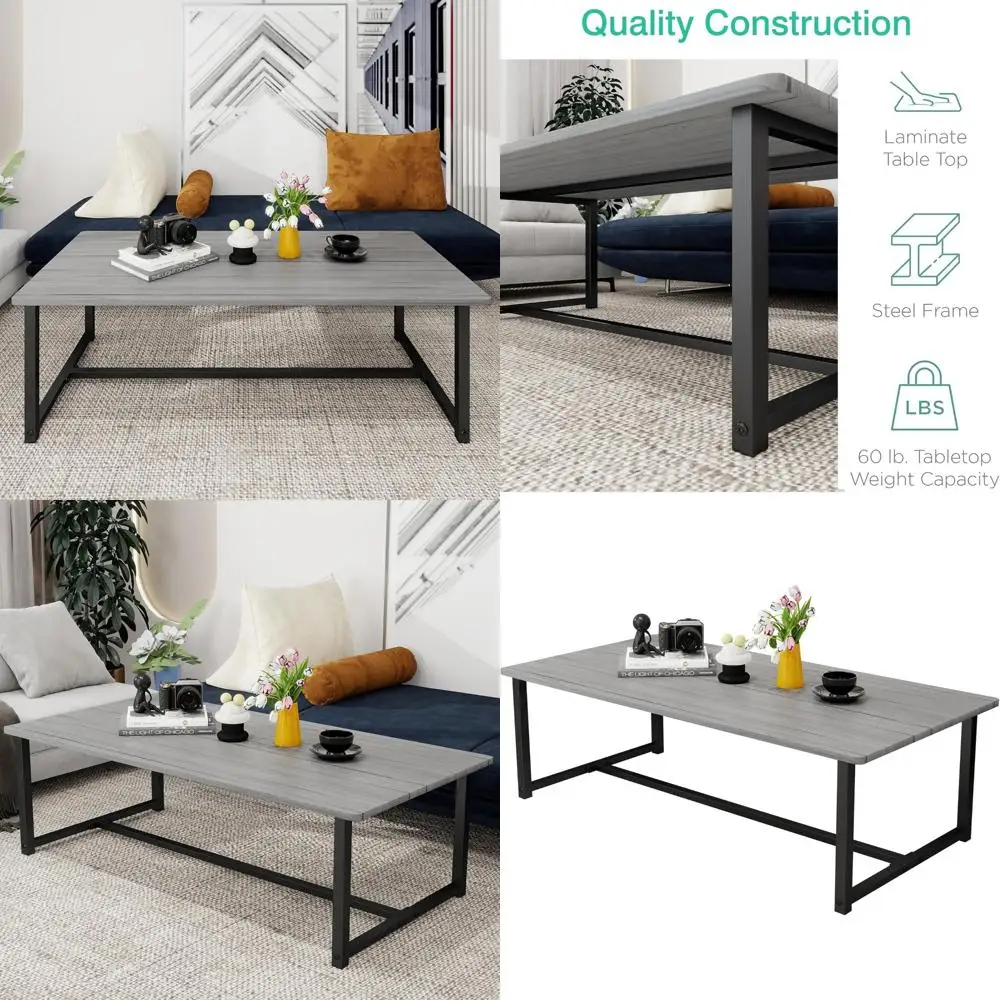 

Rectangular Wooden Coffee Table with Metal Frame for Living Room, Mid Century Modern Design, Farmhouse Style Centerpiece