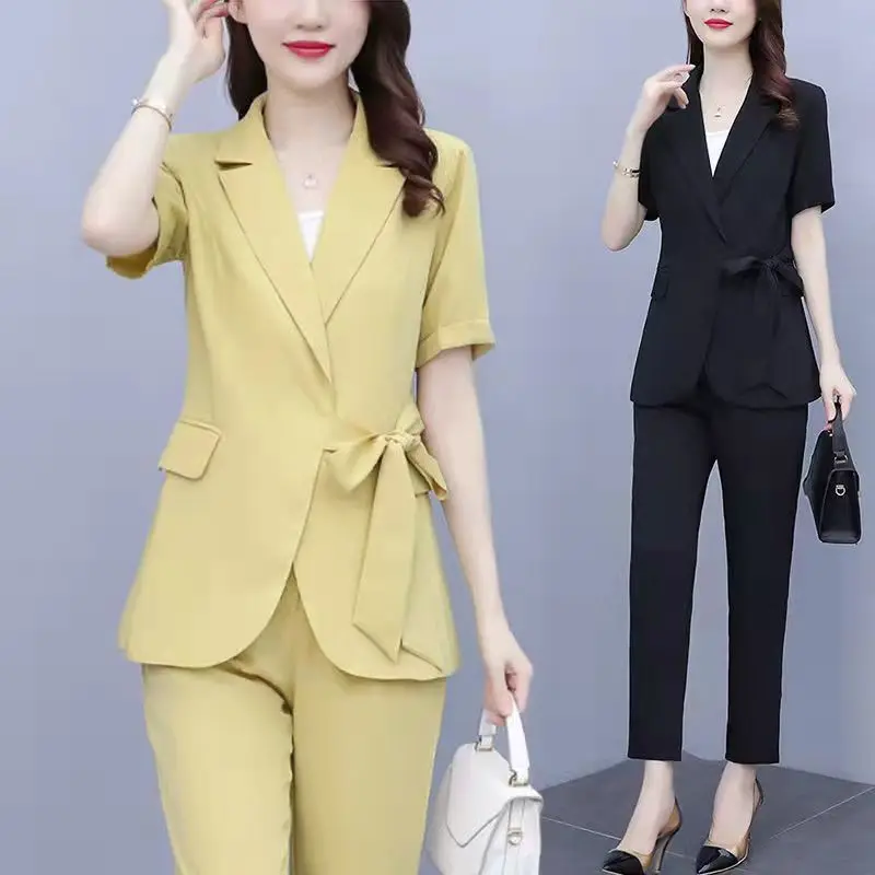 Women Summer Work Clothing Sets Korean Office Lady Solid Short Sleeve Blazers Pants Two Piece Set Basic Joker Bussiness Suits