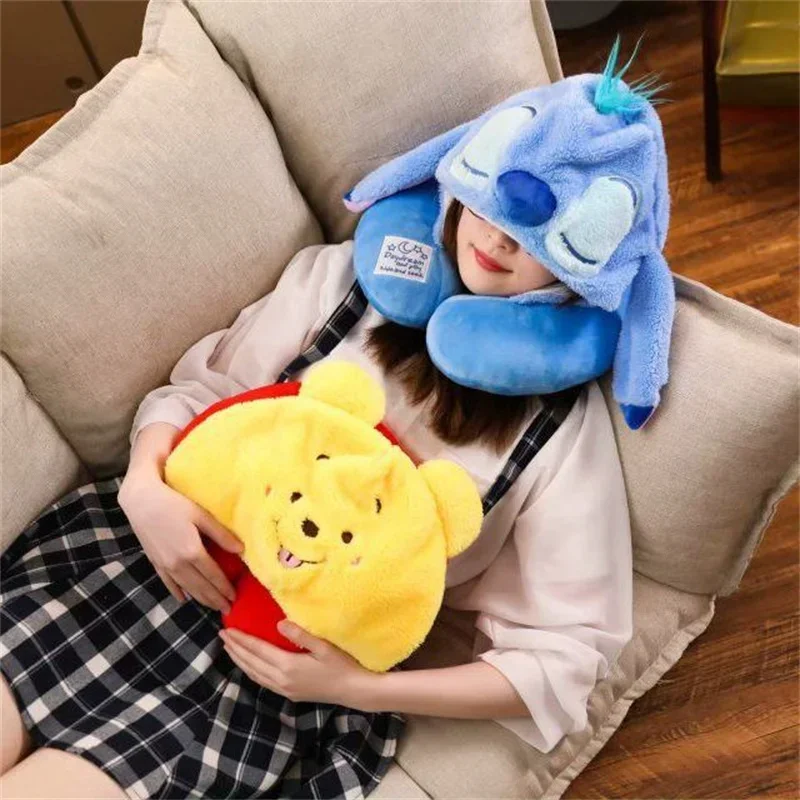 Disney Stitch Winnie Cartoon Soft Hooded U-Shape Pillow Travel Pillow Plus Hat Cushion Soft Nursing Adult Kids Pillow Gift