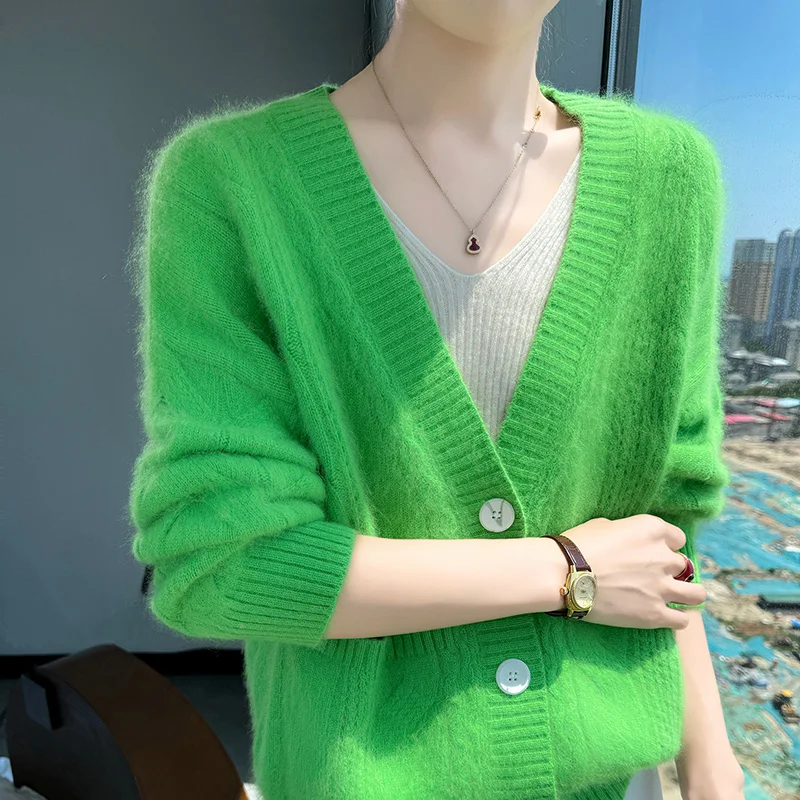 

Autumn And Winter New Mink Wool Cardigan Women's Padded Long-Sleeved V-neck Cashmere Sweater Twist Coat