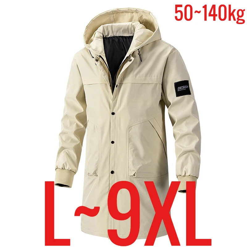 

Большой размер 9XL, мужской длинный плащ с капюшоном, флисовая толстая ветровка, мужская осенне-зимняя легкая плюс большая шляпа большого размера на молнии