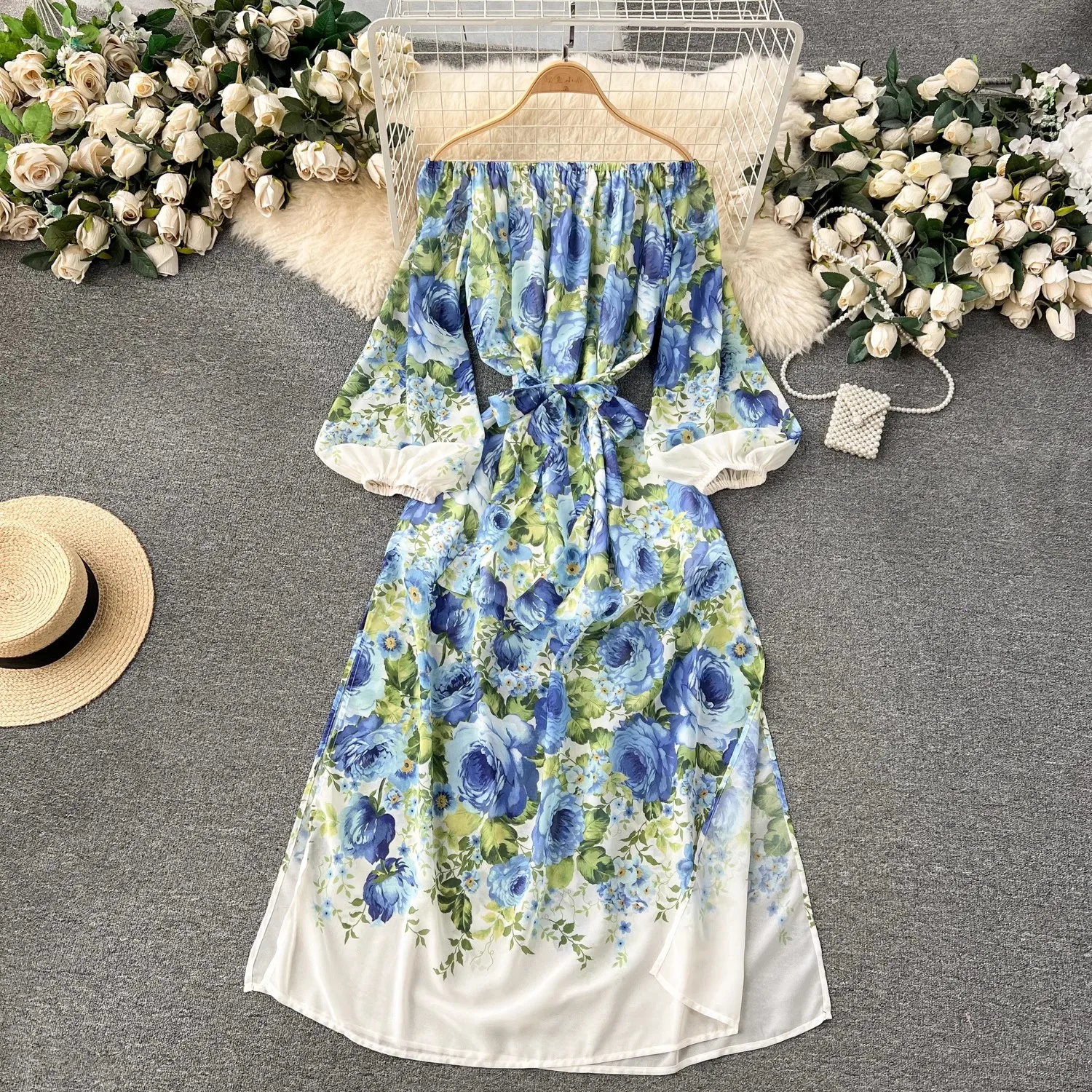 Summer Bohemian Chiffon Dress Women's Cool Shoulder Long Sleeve Floral Print Belt Lace Up Side Split Loose Robe Vestidos 6265