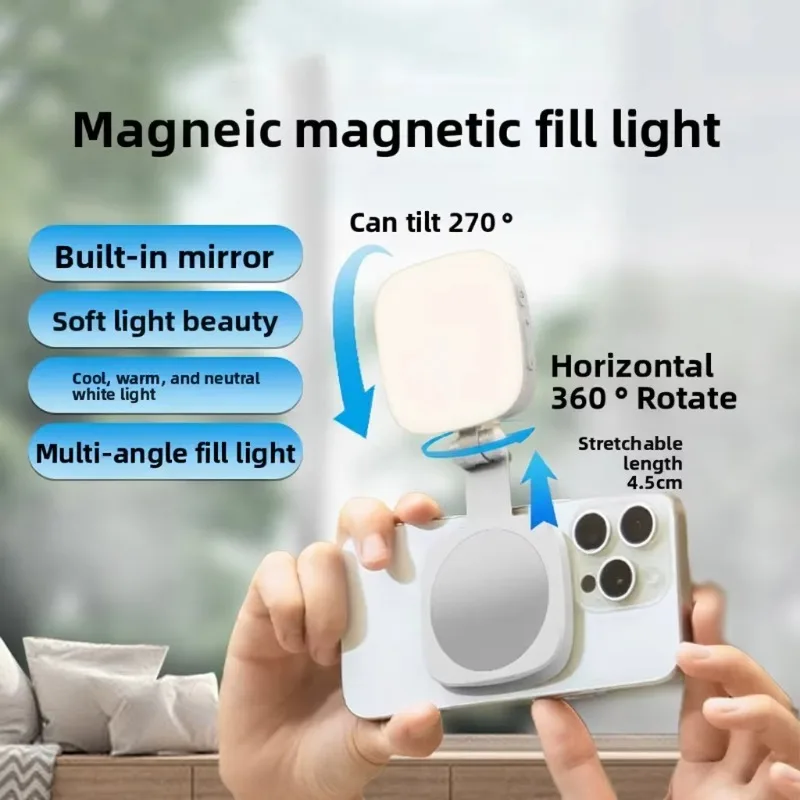 DY‑06 Magnetic Mini LED Fill‑In Light Makeup Mirror Retractable Lamp Smartphone Live Stream Accessory