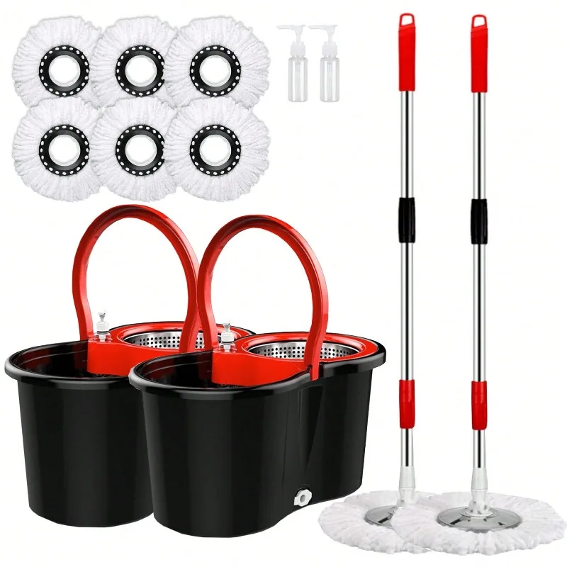 Black 2Sets Of 360° Spin Mop And Bucket Set Quick-Dry Technology,Mop And Bucket With Wringer Set For Home & Kitchen,Wet/Dry Floor Cleaning Kit With 6 Microfiber Mop Heads & Adjustable Handle.