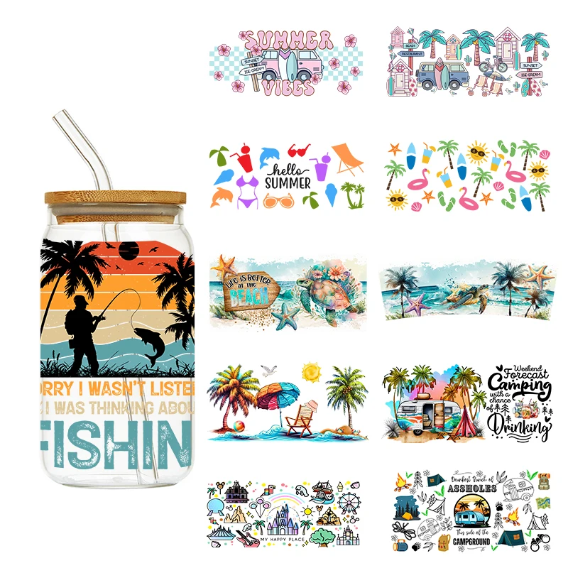 

1PCS Coconut Trees and Van Beach Summer Forecast Camping Fishing Tumbler Pegatinas Decal UV Wraps Can Stickers DTF Glass Wrap