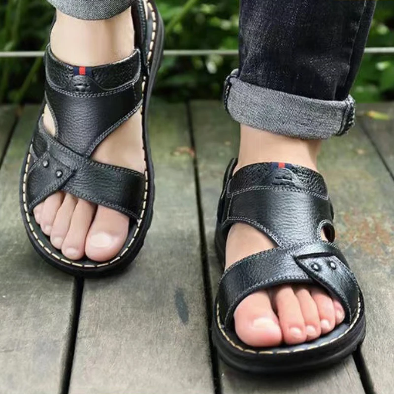 Letnie nowe męskie sandały prawdziwej skóry klasyczne rzymskie sandały Outdoor Casual trampki kapcie sandalias planas Plus rozmiar 38-44