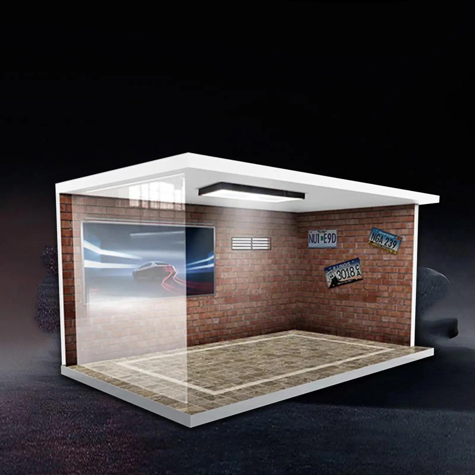 1/18 Scale Garage Diecast Display Case with Lights Display Stand 40cmx24cmx20cm for Diorama Model Collection Layout